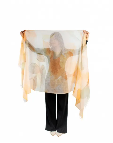 Printed Featherlight Cashmere Wrap - Orange and Olive