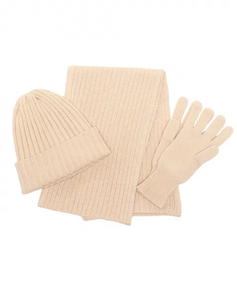 Beige Cashmere scarf,beanie and gloves bundle