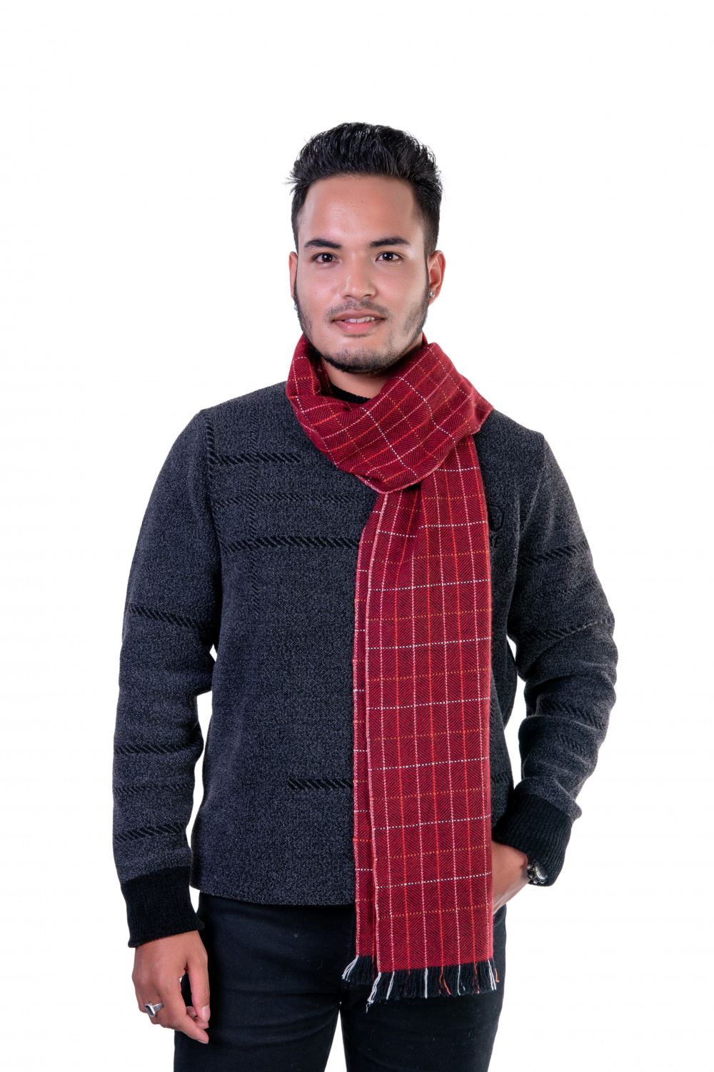 Rich red herringbone cashmere scarf, showcasing its fine woven design and warmth.