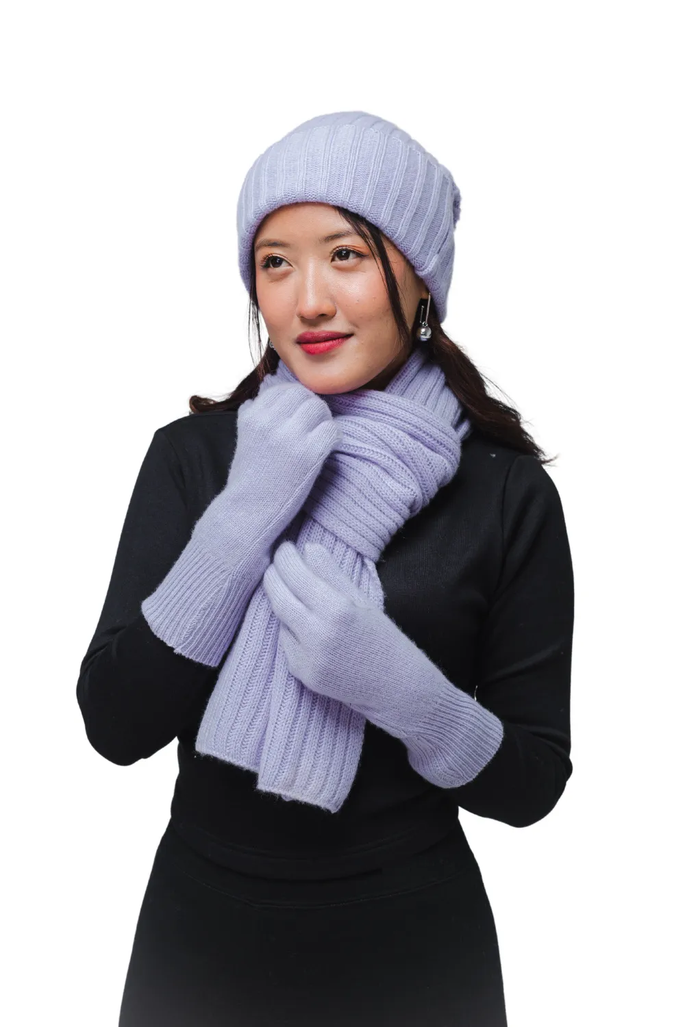 stylish cashmere beanie scarf and gloves.