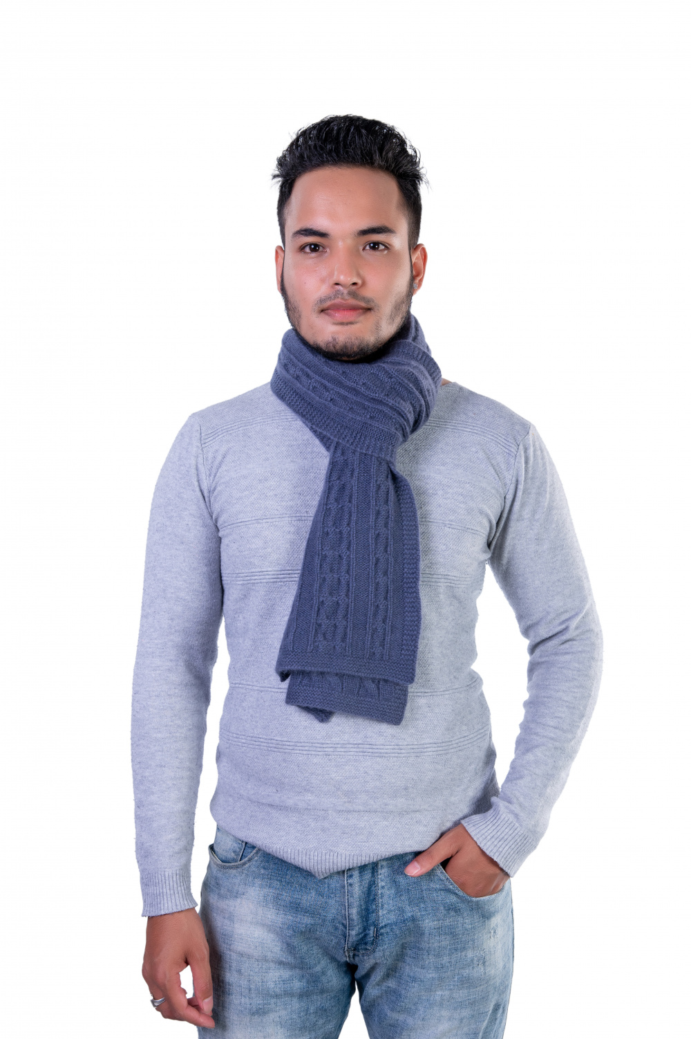 Steel Blue Cable-Knit Cashmere Scarf for Men