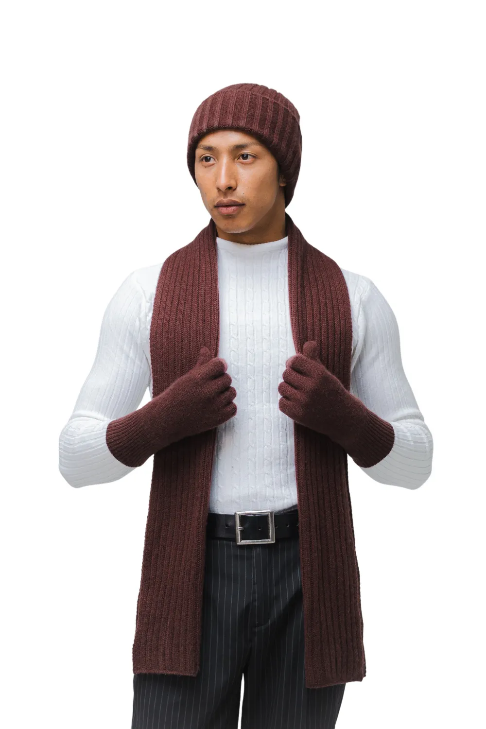 Deep plum cashmere winter set: cashmere scarf, beanie and gloves