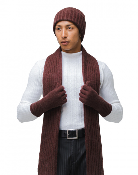 Deep plum cashmere winter set: cashmere scarf, beanie and gloves