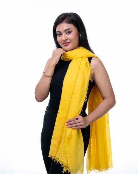 Chic Goldenrod Yellow Cashmere Wrap wrapped around nec.