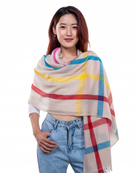 Vibrant Checkered Cashmere Shawl in Beige with Multicolor Accents