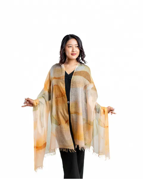 Printed Featherlight Cashmere Wrap - Orange and Olive