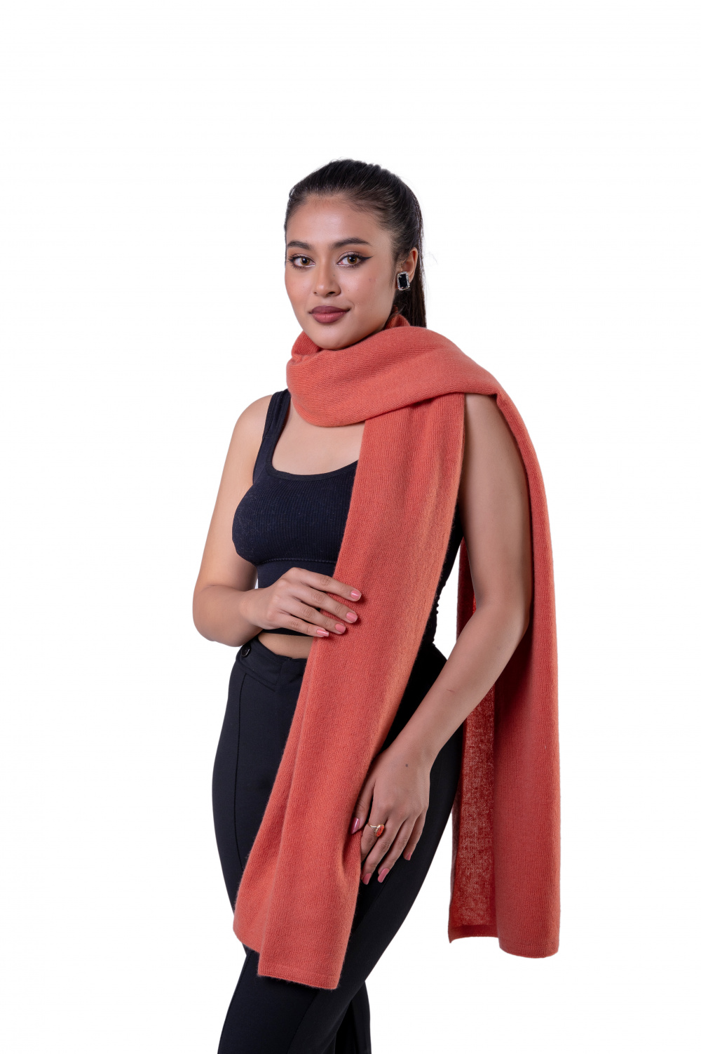 Women terracotta knitted cashmere scarf