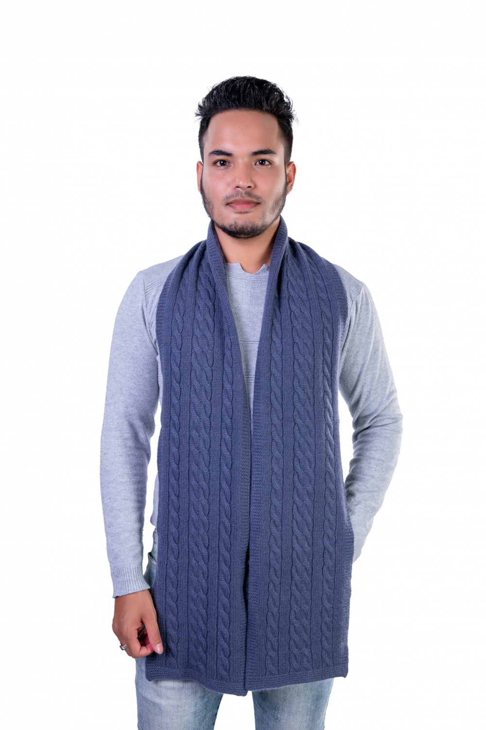 Steel Blue Cable-Knit Cashmere Scarf for Men