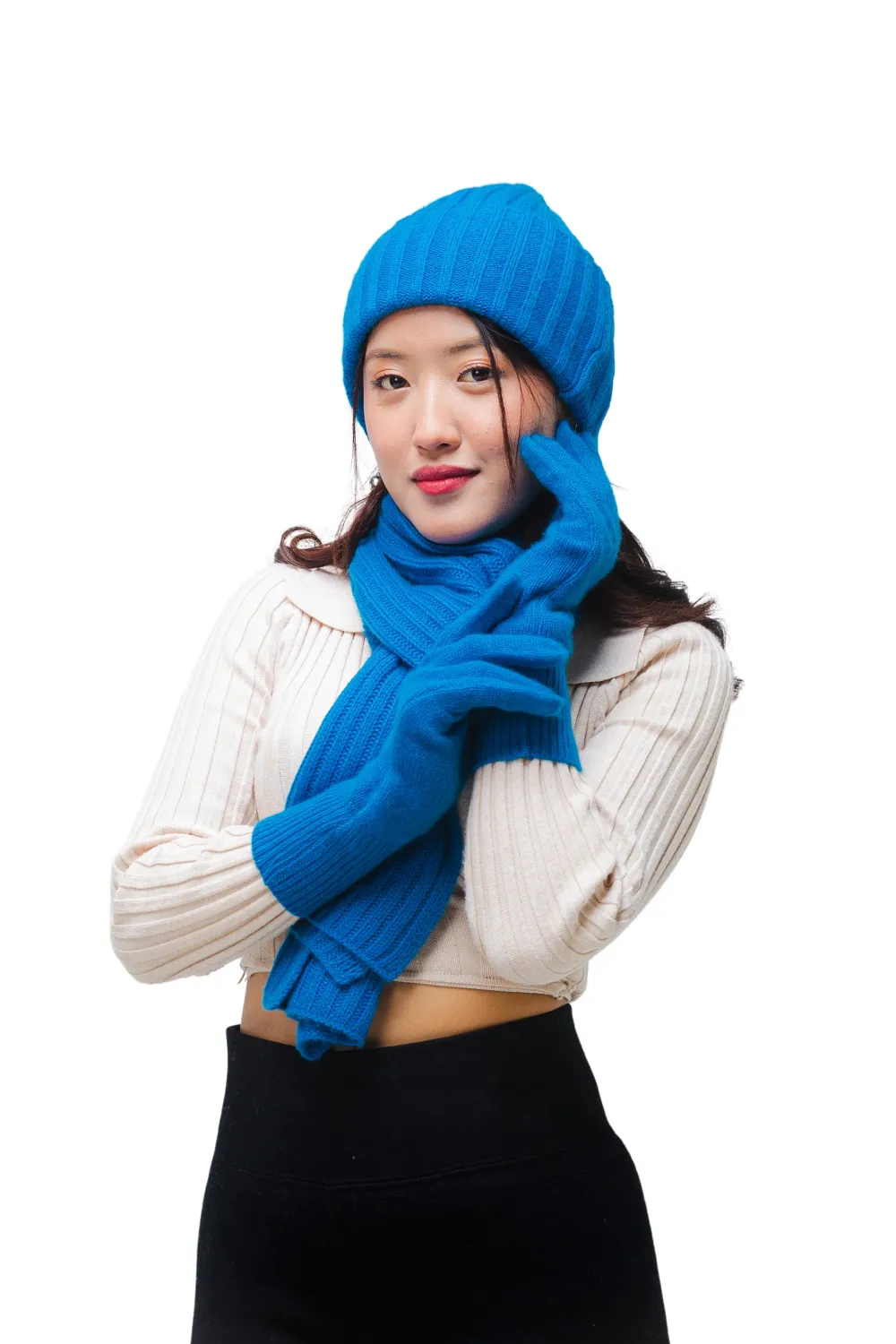 classic blue cashmere scarf, beanie and gloves