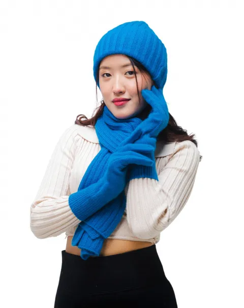 classic blue cashmere scarf, beanie and gloves