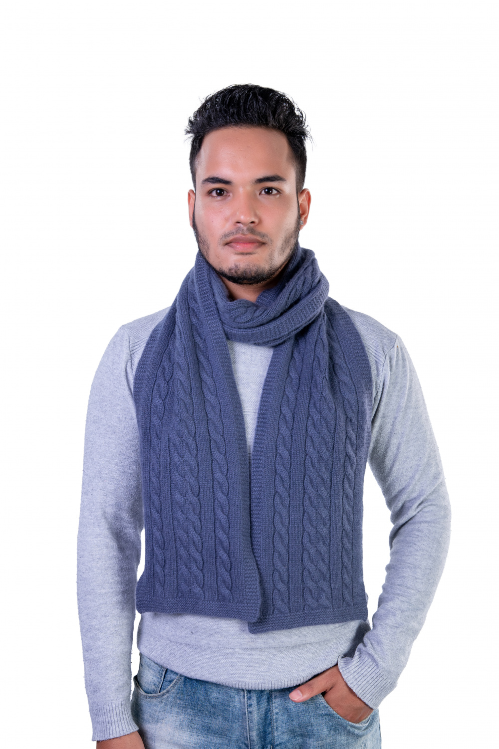 Steel Blue Cable-Knit Cashmere Scarf for Men