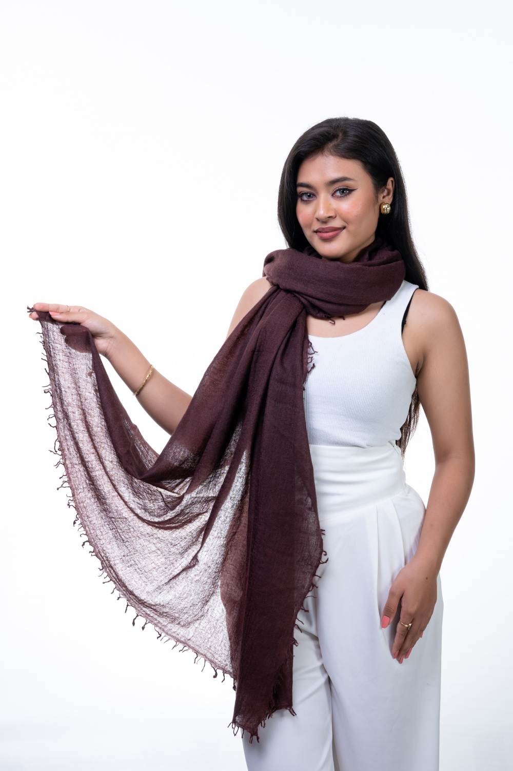 Featherlight Cashmere Wrap in Deep Plum. 