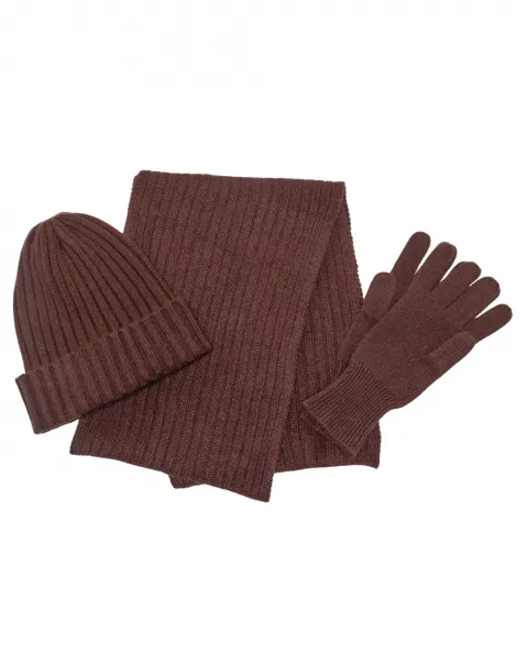 deep plum cashmere scarf, hat and gloves set