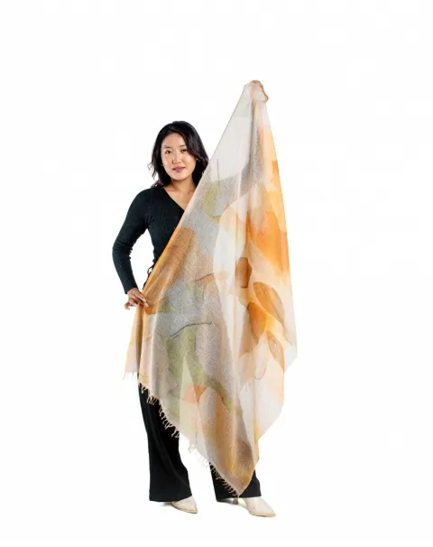 Printed Featherlight Cashmere Wrap - Orange and Olive