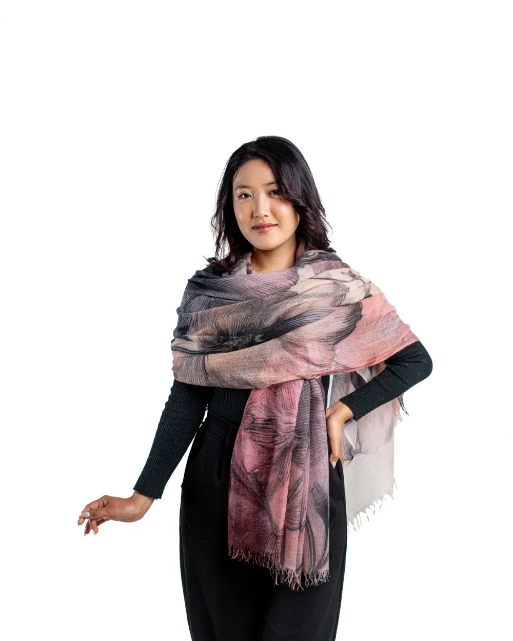 Model wearing  Blush and Charcoal Floral Printed Cashmere Wrap