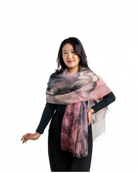 Model wearing  Blush and Charcoal Floral Printed Cashmere Wrap