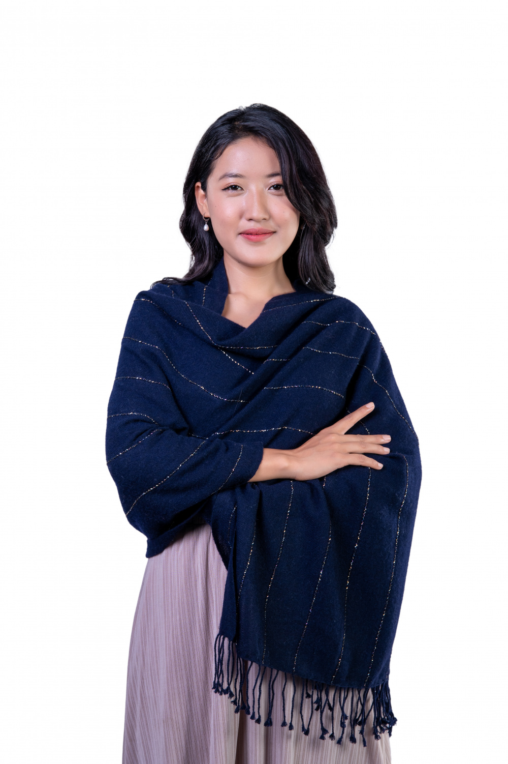 Stylish blue cashmere scarf for cocktail and party.