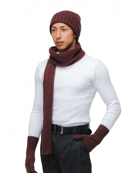 Deep plum cashmere winter set: cashmere scarf, beanie and gloves