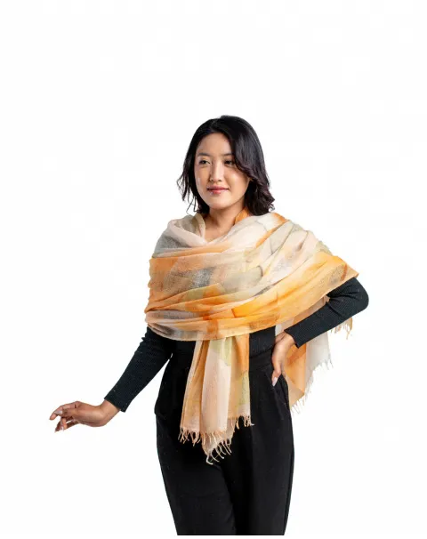 Printed Featherlight Cashmere Wrap - Orange and Olive