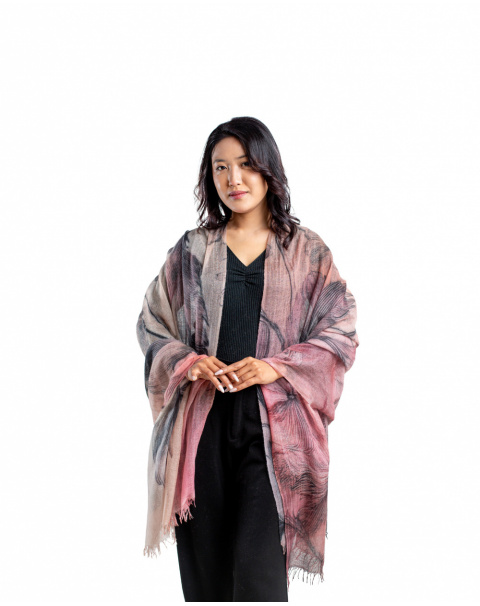 Model wearing  Blush and Charcoal Floral Printed Cashmere Wrap