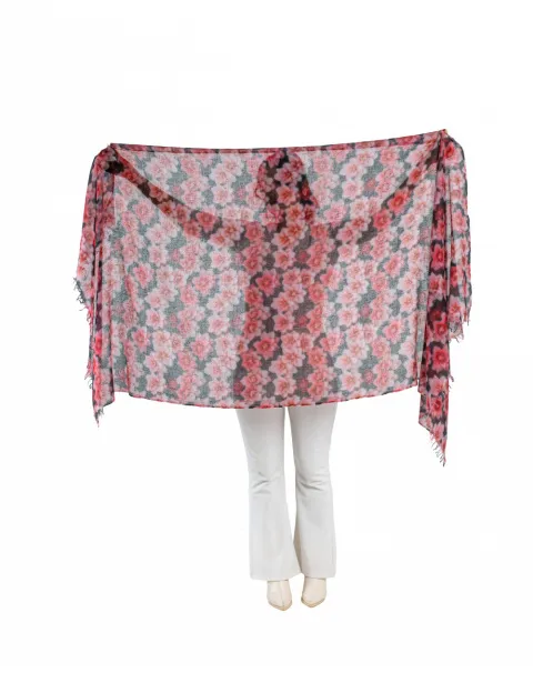 Cashmere wrap abstract floral print in red, black, and pink.