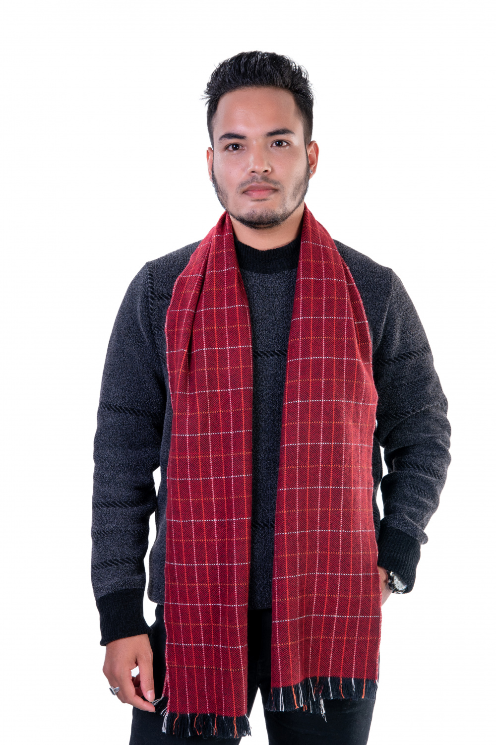 Men's red herringbone cashmere scarf with a soft and luxurious texture.