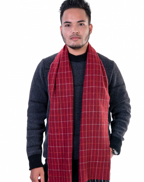 Men's red herringbone cashmere scarf with a soft and luxurious texture.