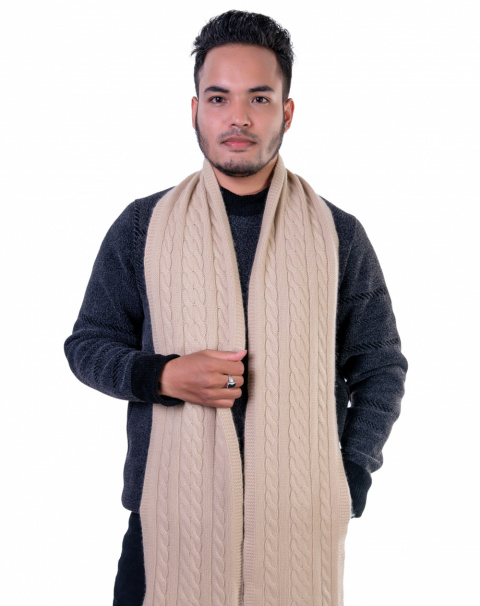 Luxurious beige cable-knit cashmere scarf with a soft, high-quality texture.