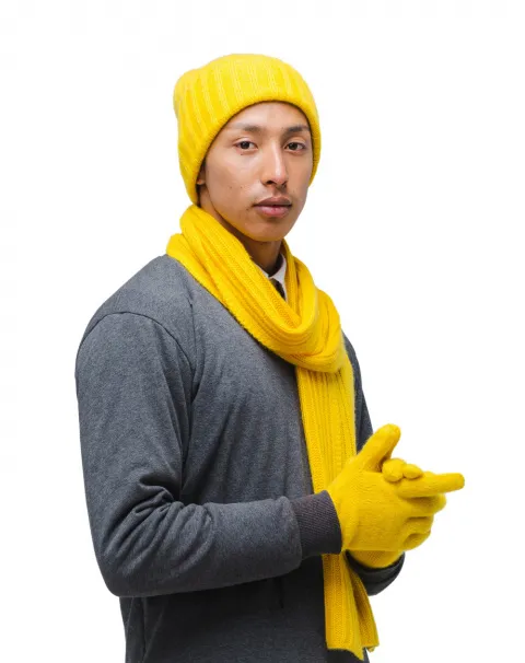 Best yellow cashmere scarf, hat and gloves set