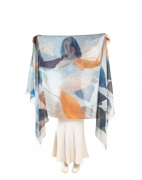 Azure Bloom Printed Cashmere Wrap