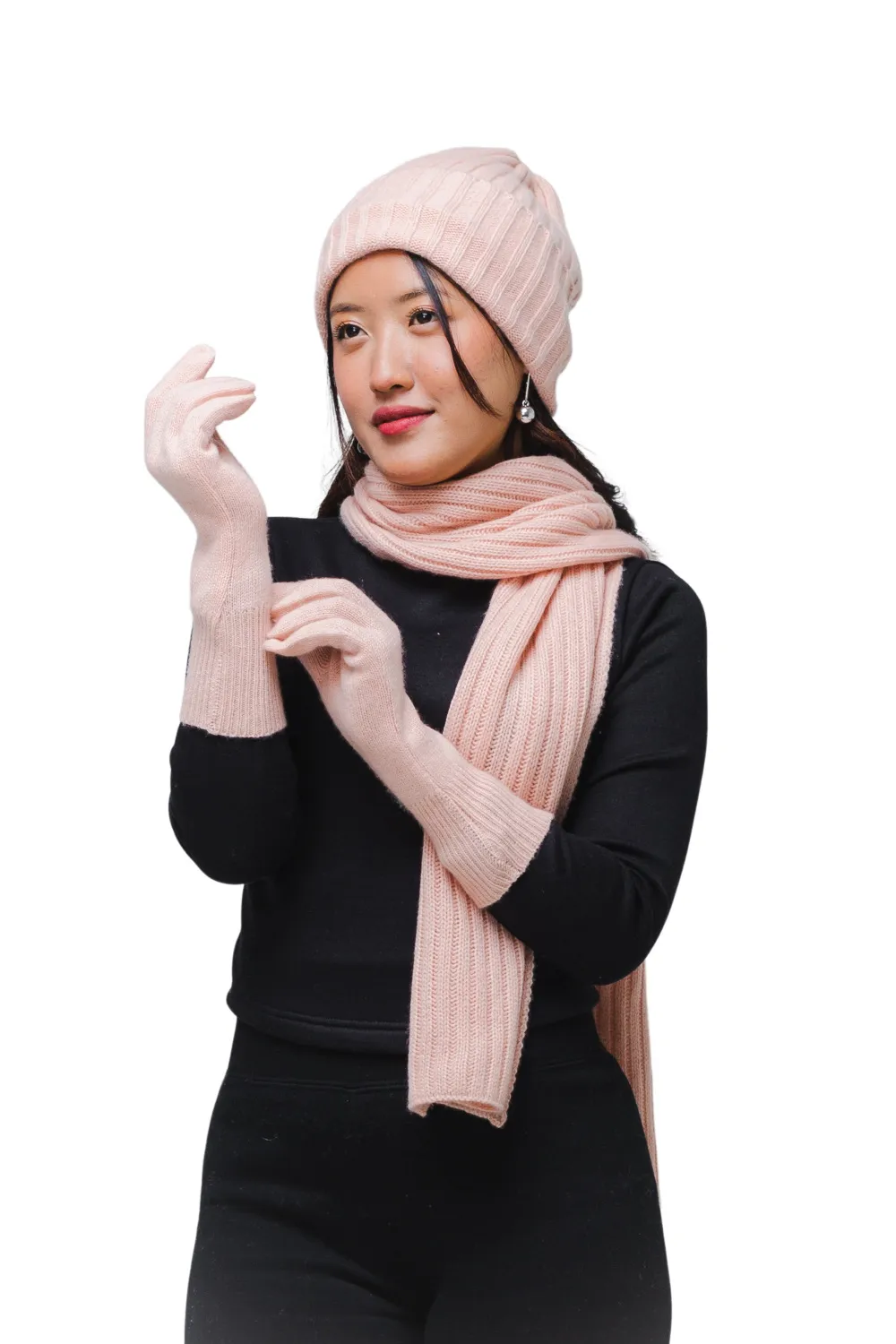 Dusty Rose Cashmere scarf, beanie and gloves