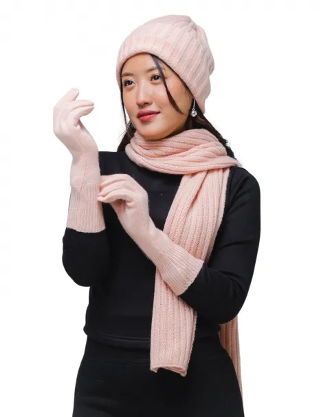 Dusty Rose Cashmere scarf, beanie and gloves