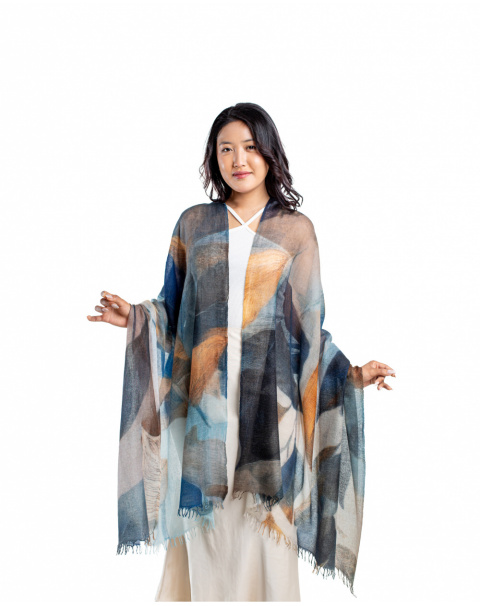 Azure Bloom Printed Cashmere Wrap