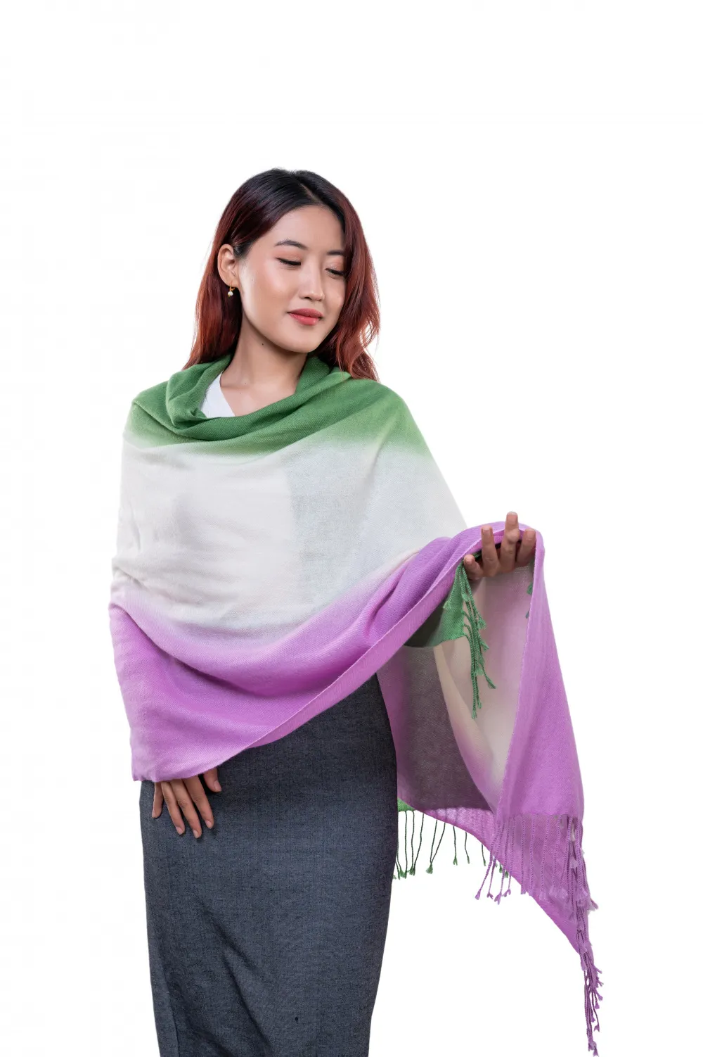 Women purple white and green scarf