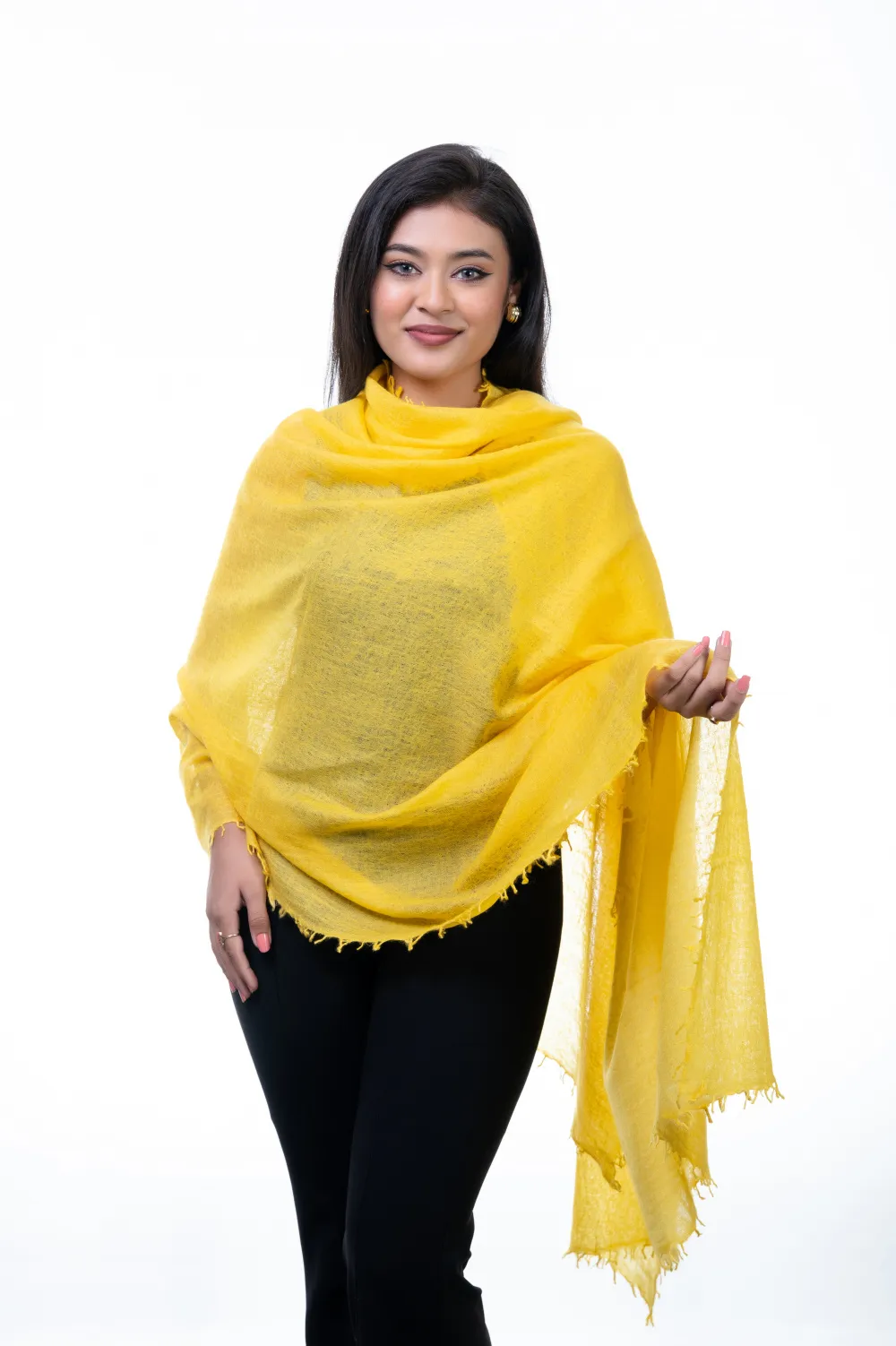 Stylish look with Goldenrod Yellow Featherlight Cashmere Wrap.