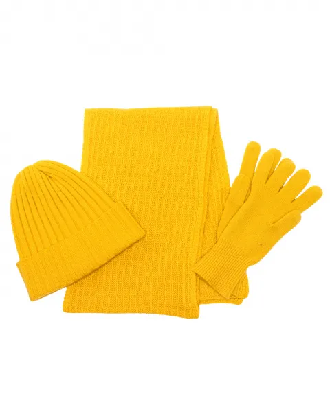 knitted cashmere scarf, hat and gloves set in goldenrod yellow