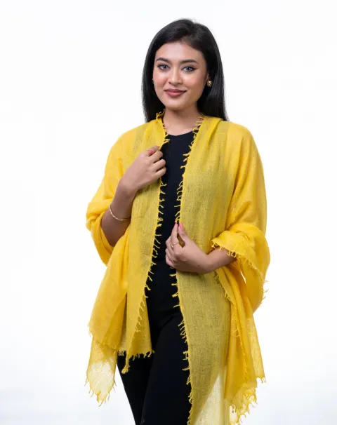 Goldenrod Yellow Featherlight Cashmere Wrap adding warmth and styl.