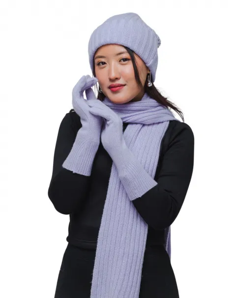 soft lavender winter essential cashmere hat, gloves and scarf