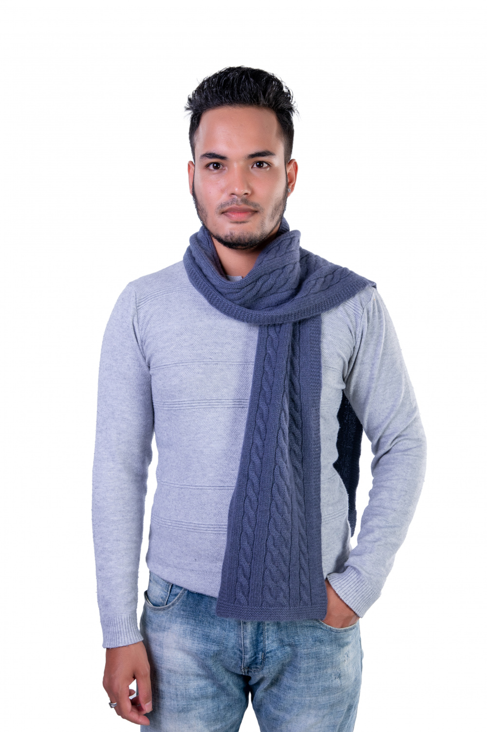 Steel Blue Cable-Knit Cashmere Scarf for Men