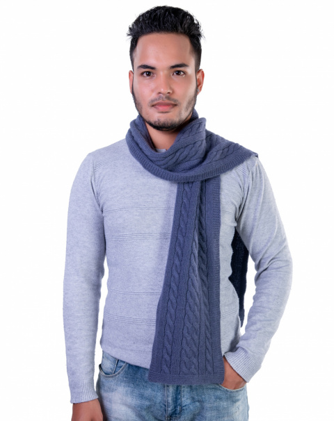 Steel Blue Cable-Knit Cashmere Scarf for Men