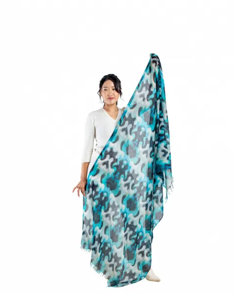 Lightweight blue and teal cashmere scarf with abstract floral print