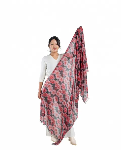 woman showcasing printed cashmere wrap 